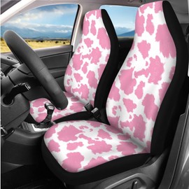 DBBXHZJY 14 Pcs Pink Cow Print Car Seat Covers with Steering Wheel Cover,Armrest Cushion,Seat Belt Covers Cup Holder with Keychain,Cute Pink Automotive Protector Set Unverisal Fit Cars SUV Turcks