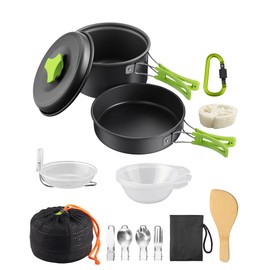 HOMGEN Camping Cookware Set with Bowls and Soup Spoon for 1-2 People - 12 PCS Portable Aluminium Camping Cooking Pot Set - Non Stick Camping Cooking Set Utensils for Hiking Picnic Fishing