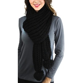 ToBeInStyle Women's Winter Super Warm Chunky Oversized Cozy Knit Scarves, Knitted Pom Pom - Black, One Size