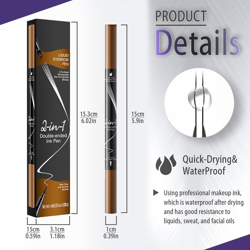 Pinkiou Microblading Eyebrow Pen, 2-In-1 Waterproof Eyebrow Pen, Dual-Ended Eyebrow