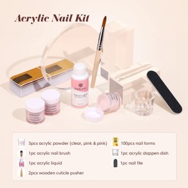 Saviland Acrylic Nail Kit Starter: Clear Pink Nude Acrylic Nail Kit Acrylic Powder & Monomer Acrylic Nail Liquid Acrylic Nail Brush Nail File Form Press On Nail Kit Acrylic Set Home Practice