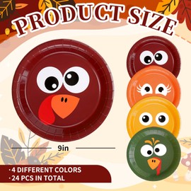 Whaline Fall Thanksgiving Turkey Paper Plates Colored Cartoon Turkey Disposable Plates 9 Inch Autumn Party Tableware for Birthday Harvest Holiday Table Decor Supplies, 24 Pcs