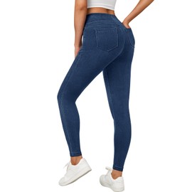 LILLUSORY Womens Jeggings High Waisted Stretch Jeans Skinny Tummy Control Denim Leggings with Pockets Trendy Pants 2025 Dark Blue M