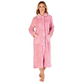 Slenderella Ladies Button Up Coral Fleece Dressing Gown Bath Robe with Waffle Detail XXL (Pink)