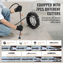 Professional 100 FT X 5/8 Inch Drain Cleaning Cable 7 Cutters 0.8\" 3.9\" Pipes Hollo Sectional Drain Cleaner Cable for PipeDefault: Default