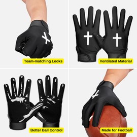 SLEEFS Youth Football Gloves for Men and Women, Faith Cross Black Sticky Receiver Flag Football Gloves for Youth, Adult Men or Women, Stretch Fit, No Slip, Perfect Grip, Machine Washable, Large