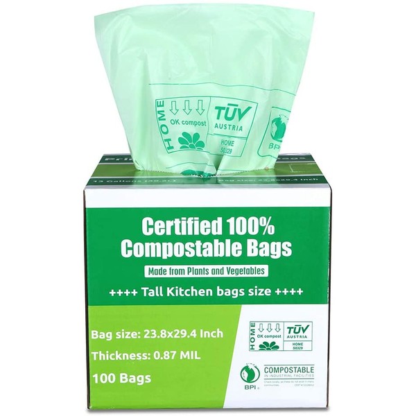 Primode 100% Compostable Bags 13 Gallon, Tall Kitchen Biodegradable Trash Bags, 100 Count, Extra Thick 0.87 Mil. ASTMD6400 Food Scrap Yard Waste Compost Bags, Certified by BPI and TUV