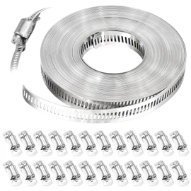 32.8FT Metal Strap + 24 Fasteners 304 Stainless Steel Hose Clamp Assortment Kit DIY Cut-To-Fit Adjustable Worm Gear Band Clamps for Pipe, Duct, Tube, and Fuel Line