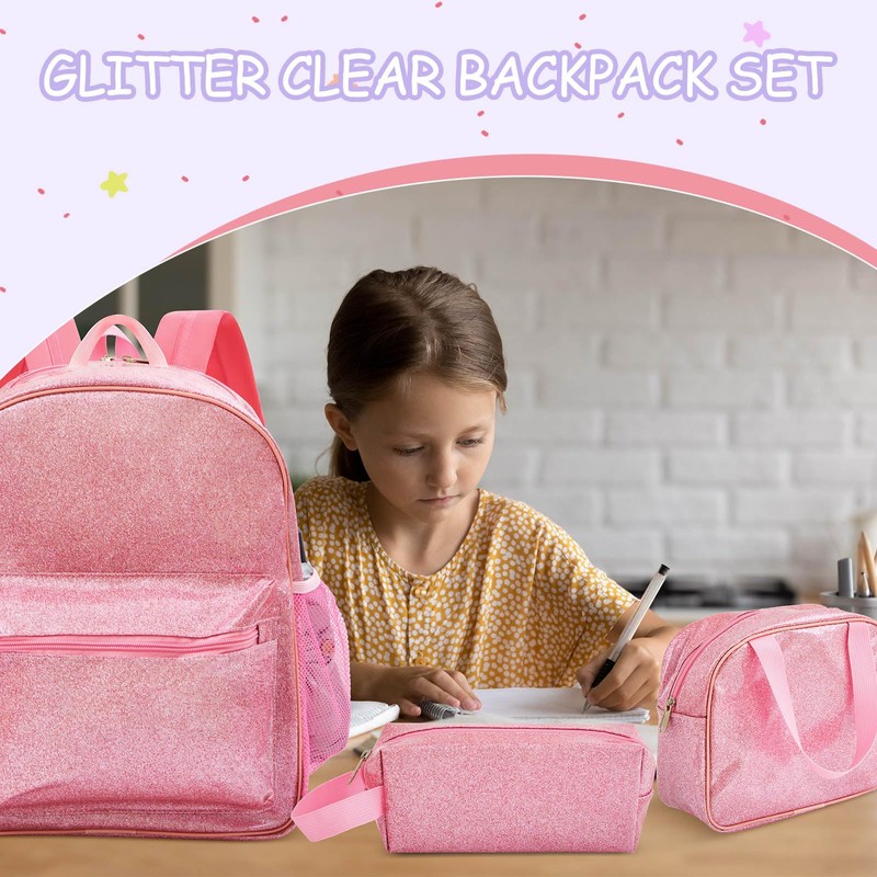 Bulyoou 3 Pcs Pink Glitter Backpack with Lunch Bag Pencil