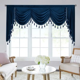 StangH Navy Blue Velvet Curtain Valances - Super Soft Blackout Waterfall Swag Valances for Kitchen/Living Room, Extra Wide Room Divider Curtains for Dining Room, W79 inches, 1 Panel