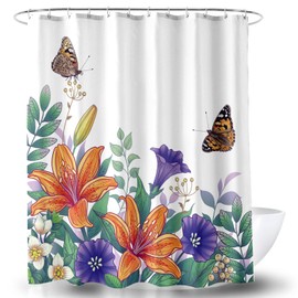 BECAN Floral Shower Curtain Purple Orange Flower Green Leaves Butterfly Flower Bush Polyester Fabric Bathroom Shower Curtain 72X72Inches …