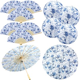 Sunnymove 12 Pcs Blue and White Chinoiserie Christmas Decoration Set - Including 4 Chinoiserie Floral Paper Lanterns, 6 Folding Fans, 2 Paper Umbrellas for Christmas Autumn Wedding Party Decoration