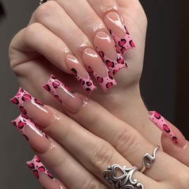 Press on Nails Long Square OFDNE Pink French Tip Fake Nails Nude False Nails with Designs Pink Leopard Print Full Cover Glossy Glue on Nails Stick on Nails for Women Girls 24 Pcs