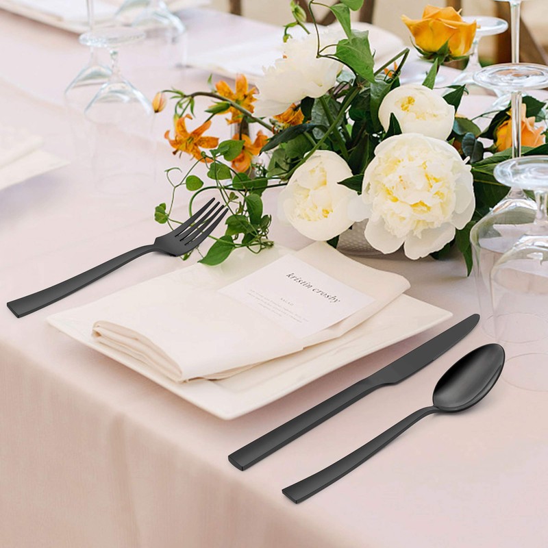 LIANYU 20-Piece Black Silverware Set with Tray, Stainless Steel Square