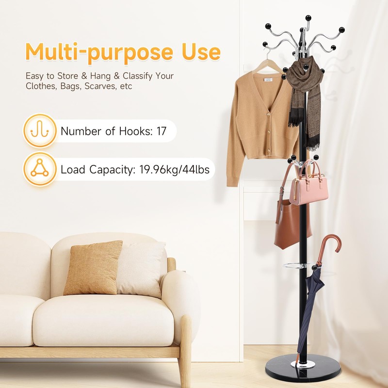 17 Hooks Metal Freestanding Coat Hat Rack Tree Clothes Hats