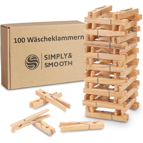 SimplySmooth 100 Bamboo Clothes Pegs - Clips for Your Clothes