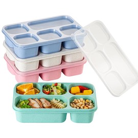 Lezuoey 4 Pack Bento Box Adult Lunch Box 5 Compartment Meal Prep Containers Reusable Snack Box Portion Control Containers Wheat Straw Lunch boxes for School, Work, Travel