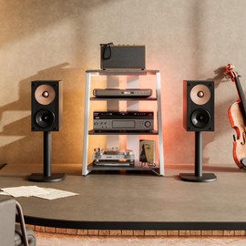 FITUEYES Design 4-Tier AV Media Stand with LED Lights, Wooden Stereo Cabinet, Audio Rack Tower with Adjustable Shelves, Small AV Component Entertainment Stand, Gray