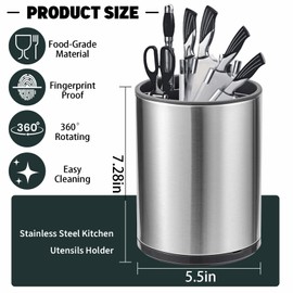 Upriver 360° Rotating Kitchen Utensil Holder 7" Cooking Utensil Organizer with Drain Holes & Divider Cutlery Holder for Kitchen Countertops Tableware Storage