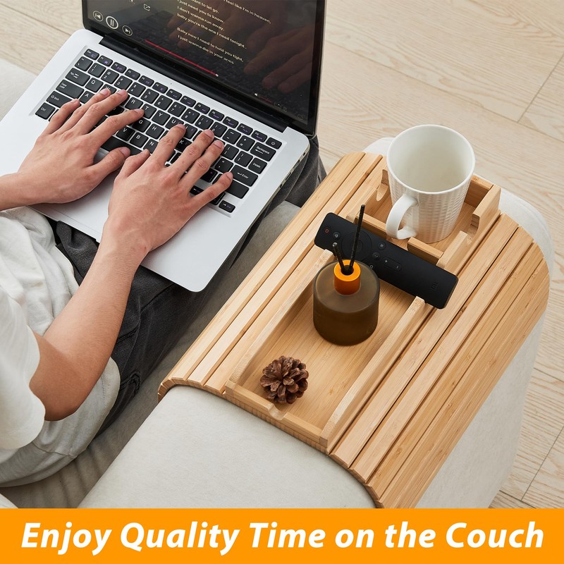 GEHE Bamboo Couch Cup Holder, Anti-Spill Sofa Arm Tray, Natural
