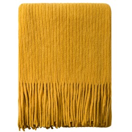 NTBAY Acrylic Knitted Throw Blanket, Lightweight and Soft Cozy Decorative Woven Blanket with Tassels for Travel, Couch, Bed, Sofa, 51x67 Inches, Mustard Yellow Striped