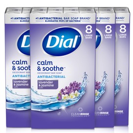 Dial Antibacterial Deodorant Bar Soap, Calm & Soothe Lavender & Twilight Jasmine Scent, 4 Oz, 32 Bars, Dermatologist Tested, With Clean Rinse Technology