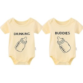 culbutomind Baby Twins Romper Drinking Buddies Baby Bodysuit Fun Short Sleeve Gift for Birth Baby Boys Girls Twins Baby Clothing, yellow, 3-6 months