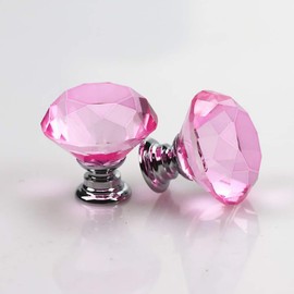 MACHSWON 2 PCS 30mm Crystal Glass Door Knobs Diamond Cut Drawer Pull Handles with M4*22mm Screws for Cupboard Cabinet Wardrobe Home Decorating Silver Base Pink