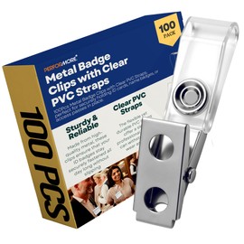 Performore 100 Metal Snap Badge Clips (26mm x 12mm) with Clear Strap and Secure Snap Closure – Durable ID Badge Holders for Work, Events, Conferences, and Daily Use – Reliable Name Tag Accessories