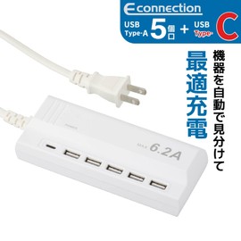 Ohm Denki SMP-U5C62E3-W 00-1229 OHM AC Charger, USB Tap, AC Charger, 3.9 ft (1.5 m), AC Charger, USB Power Tap, White