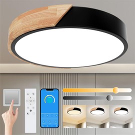 Yexati Ceiling Light Wood,Dimmable Ceiling 3000K-6000K,Remote Controlled Led Ceiling Light,24W Modern Light Fixture for Living Room, Bedroom and Hallway, 30CM，Black
