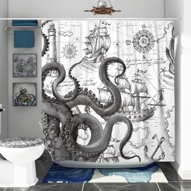 DESIHOM Gray Nautical Octopus Shower Curtain Set, Funny Ocean Kraken Shower Curtains for Bathroom, Beach Coastal Pirate Map Decor Polyester Fabric-72" x 72"