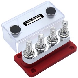 AMOMD 600A Bus Bar 4 Studs (3/8 inch) M10 High Current Nickel Plated Copper Distribution Block Terminal Block Negative Electrical Battery Ground Buss Bar with Cover 300 V AC/12-48 V DC (Red) ﻿