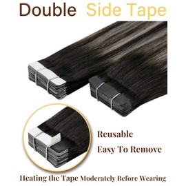 Hetto Tape in Hair Extensions Human Hair Black Balayage Silver Tape in Extensions for Women Real Human Hair 14inch 20pcs 50g