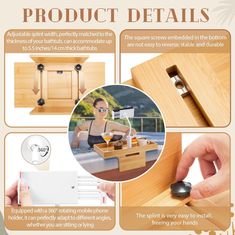 Beeveer Bamboo Adjustable Hot Tub Tray Table with Phone Holder,