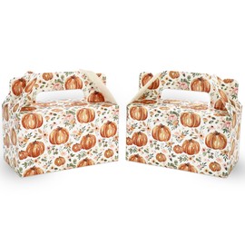 FYSUIMU 24Pcs Fall Pumpkin Treat Box with Handle Floral Pumpkin Goodie Candy Bags Autumn Cardboard Gift Box for Thanksgiving Cookie Candy Wedding Baby Shower Party Favors
