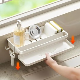 Sink Organiser, Hanging, No Drilling, Wall, Kitchen Organiser Sink | Selbstklebend Spülorganizer Küche mit Abflusspfanne, Abnehmbar Sinkorganizer Wall für Küchenzubehör Bürste Schwamm (Weiß)