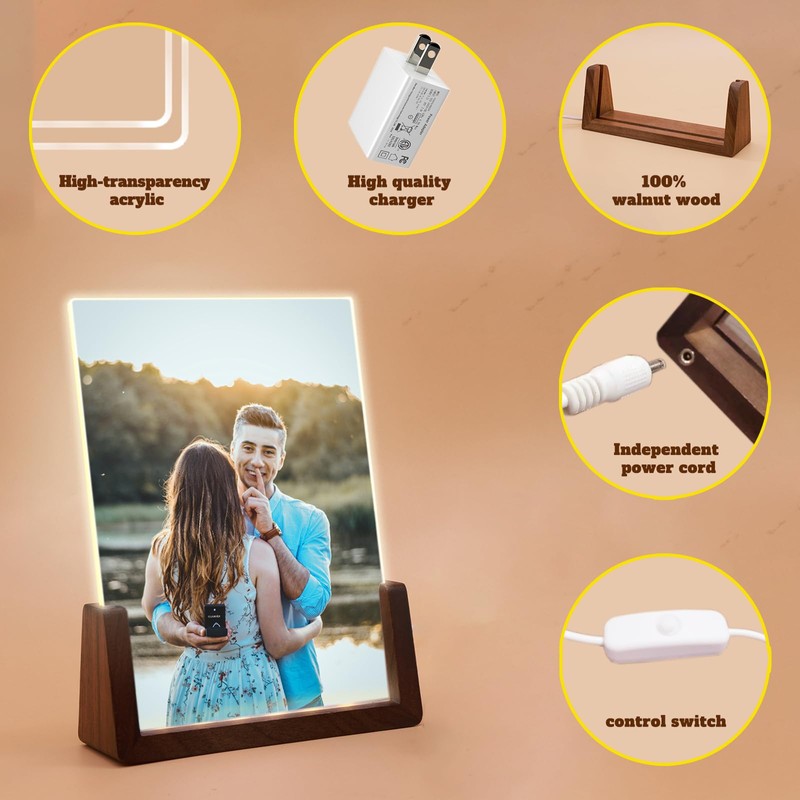 Walnut Night Light Photo Frame 2 Pack - Illuminated Acrylic