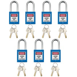 SAFBY Lockout Tagout Lock 7pcs Key Alike OSHA Loto Safe Padlocks and 10pcs Lockout TagOut Tags for Lock Out Tag Out Stations and Devices with Number 1-7 (Keyed Alike, 7-Blue Locks with 10 Tags)