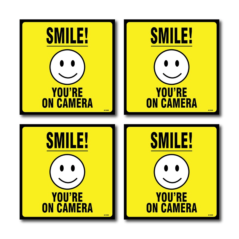 (4-Pack) Smile! You Are On Camera Sign, 5.5 X 5.5