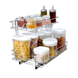 Smart Design Pull-Out Cabinet Organizer – 2-Tier Chrome, Small Top, Medium Bottom – Steel Sliding Cabinet Organizer Holds Up To 100 lbs. for Optimal Home Organization and Storage