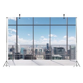 Loccor 7x5ft Fabric Cityscape Window Office Backdrop Modern Interior House Decoration Window Photo Background Tapestry for Zoom Meeting Video Conference Home Virtual Office Banner Studio Props