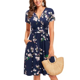 Newshows Summer Dress 2025 Sundresses for Women Casual Beach Vacation Outfits Short Sleeve V Neck Faux Wrap Spring Midi Dresses with Pockets(Floral 13,Medium)