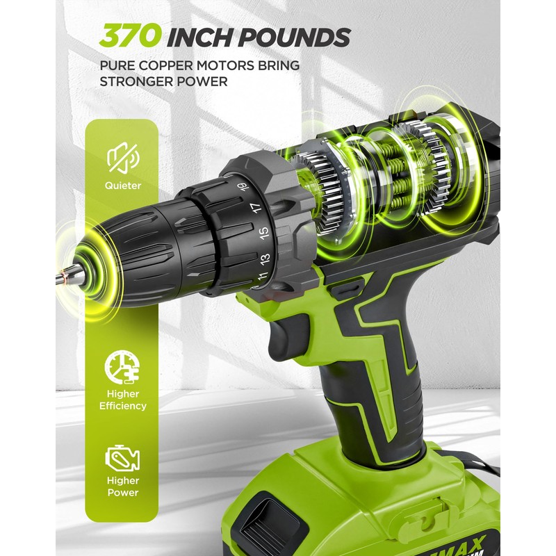 Cordless Drill, 21V Power Drill with Dual 2.0Ah Power Pack