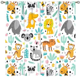 Kids Blackout Curtains,Each Panel W21 x 45" L,Cartoon Plants Wild Animal Cute Elephant Tiger Lion Curtains for Boys Girls Bedroom Living Room Baby Room Nursery Window Drapes 2 Panel Set 42" x 45"
