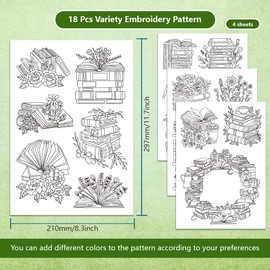 BENECREAT 4 Sheets 18PCS Stick and Stitch Embroidery Paper, Books and Flower Theme Stabilizer Water Soluble Hand Sewing for Carves, Shirts, Coats, Bags, Towels
