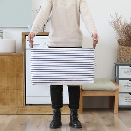 Hinwo 70L Extra Large Storage Bins, Closet Organizers and Storage, Foldable Clothes Storage Baskets with Handles, Containers for Clothing, Blanket, Comforters, Toys, Bedding (Navy Stripe)