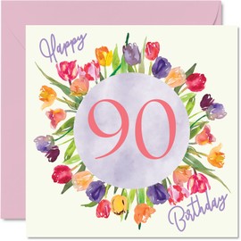 Stuff4 90th Birthday Cards for Women - Floral Watercolour Tulips Design - Blank Inside with Envelope, 5.7 x 5.7 Inch - No Ink Smudge - Unique Birthday Card for Her, Great Grandma, or Gran