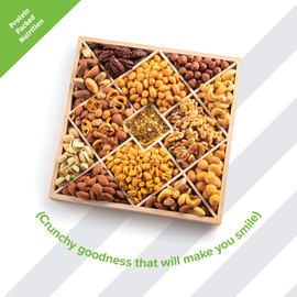 Nuts Gift Basket in Wood Tray + Green Ribbon (12 Piece Set) Valetines Day 2022 Idea Food Arrangement Platter, Birthday Care Package Variety, Healthy Kosher Snack Box for Adults Women Men Prime