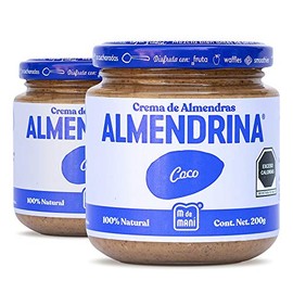 2 Pack Almendrina Coco. Crema de almendras 100% natural endulzada con miel de abeja. Con aceite de coco orgánico y coco tostado. All natural almond butter. (2 Frascos de 200 gr) (2 Pack Frasco 200 gr)
